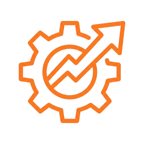 Oranger Zahnrad mit aufsteigender Linie, symbolisiert Fortschritt und Wachstum.