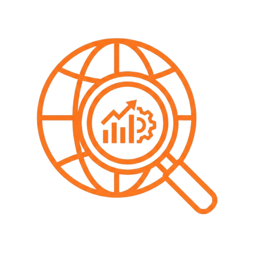 Globus mit Lupe und wachsendem Diagramm, Symbol für Marktkenntnis.