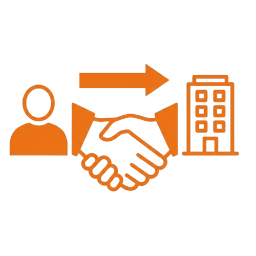 Der direkte Weg ohne Umwege. Dargestellt durch eine Person, einen Händedruck sowie einen Pfeil direkt auf ein Gebäude zeigend.